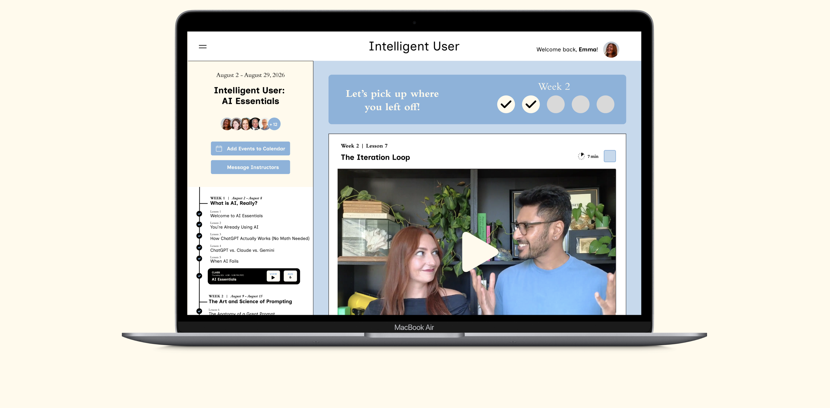 MacBook mockup showing the Intelligent User course platform, with a video lesson thumbnail of the two instructors